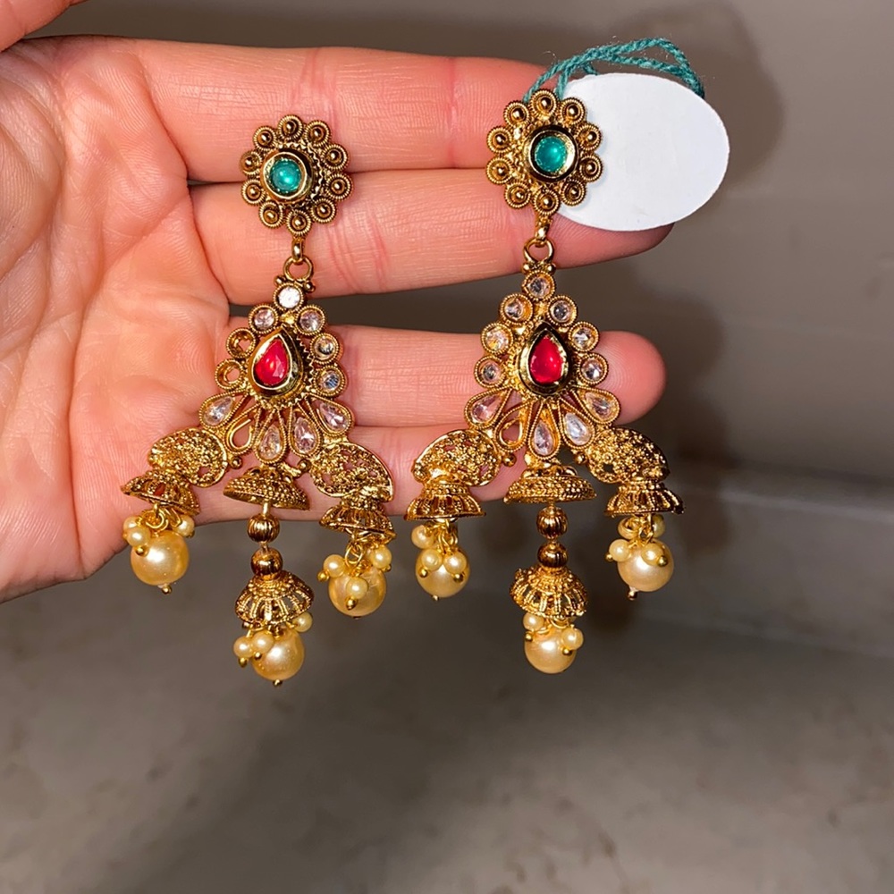 Homemade earrings gold dangling with gems